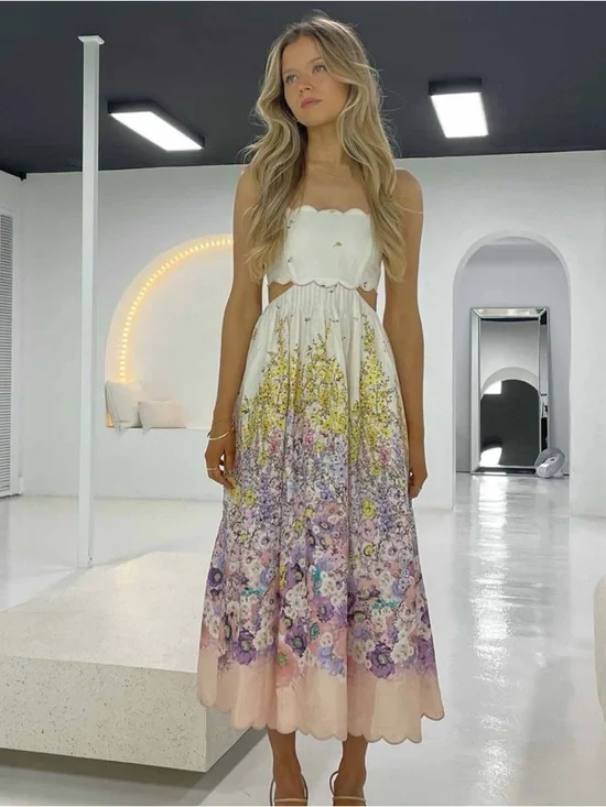 Zimmermann White Floral Scalloped Midi Dress with Pink & Yellow Accents - Picture 3 of 6